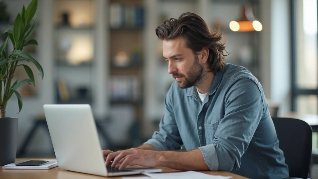 Профессиональное фото специалиста, работающего за ноутбуком с портфолио проектов