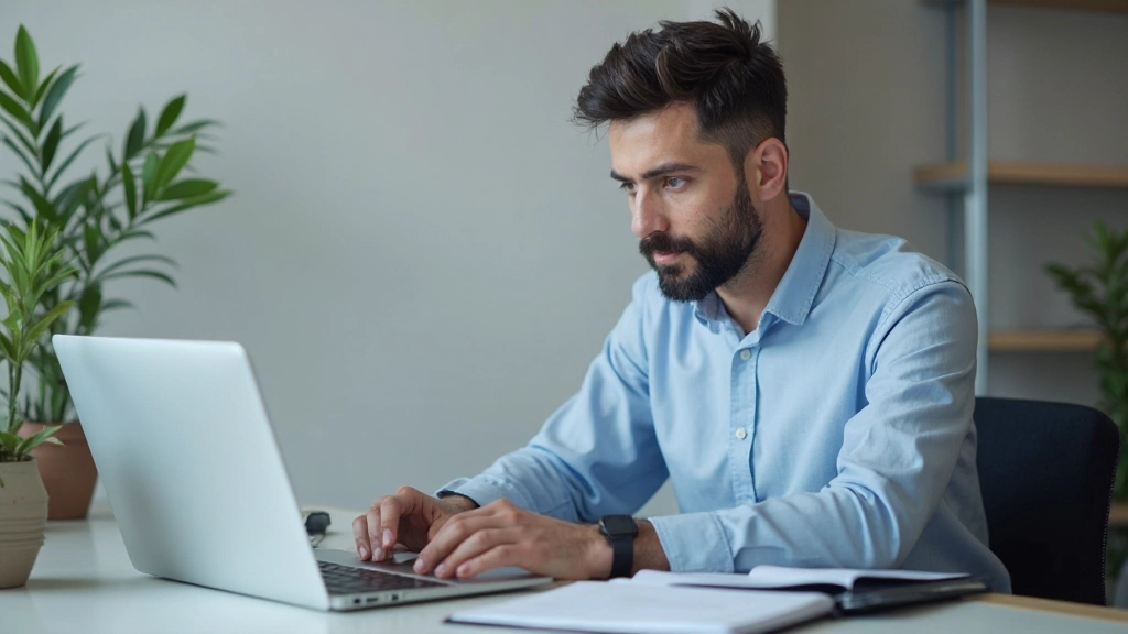 Фото специалиста, работающего с профессиональным портфелем на современном ноутбуке