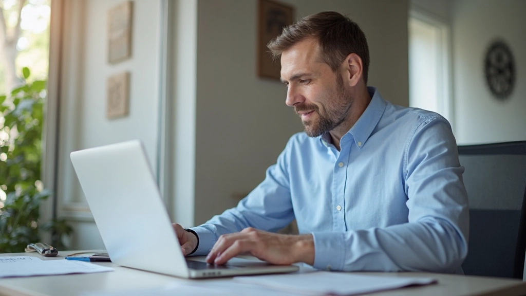 Профессиональное фото специалиста, работающего с портфелем достижений на современном ноутбуке