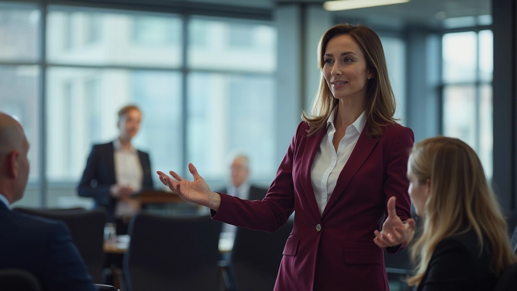 Профессиональное фото лидера, проводящего презентацию перед командой в конференц-зале